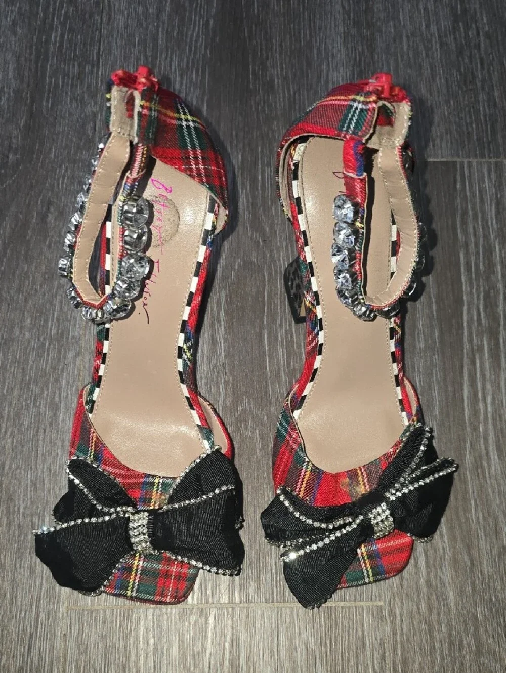 Betsey Johnson Red Tartan Plaid Heels with Rhinestone Strap & Leopard Block Heel